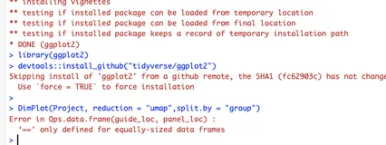 生信分析代码之前还好好的,怎么就报错了 Error in Ops. data. frame(guide_loc, panel_loc) :'==' only defined for equally-sized data frames