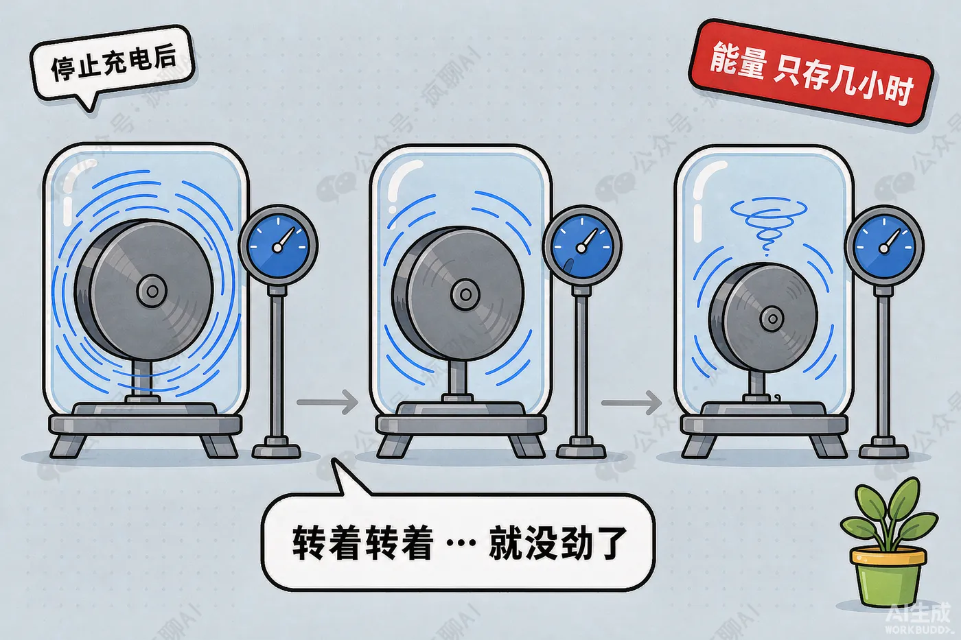 短板也直白：存不了太久——停止充电后，转子靠摩擦和风阻慢…