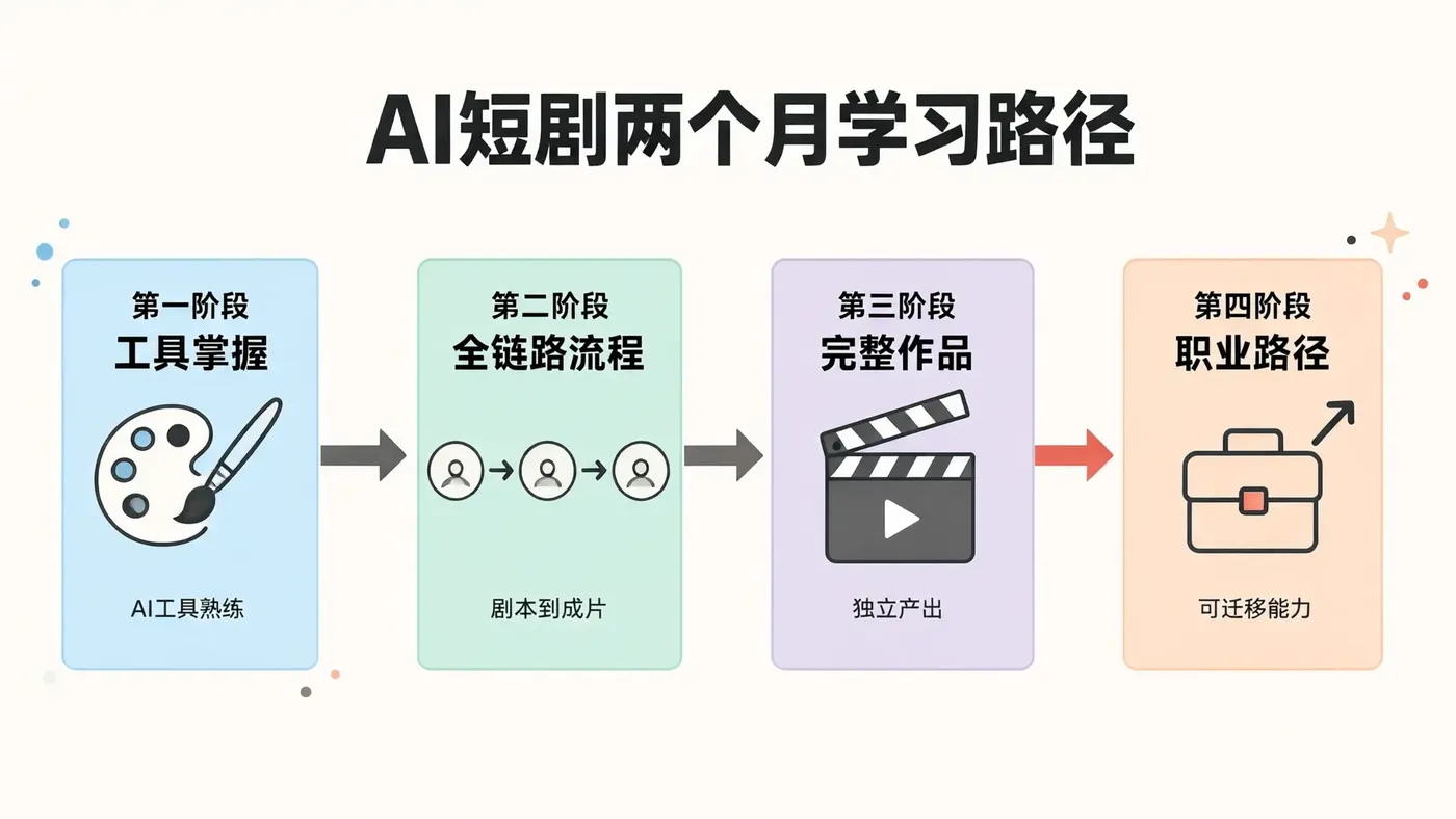 AI短剧两个月学习路径：工具掌握、全链路流程、完整作品、职业路径四个阶段