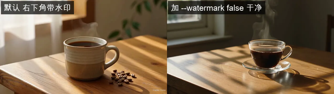 左:默认带水印;右:加 --watermark false 之后干净