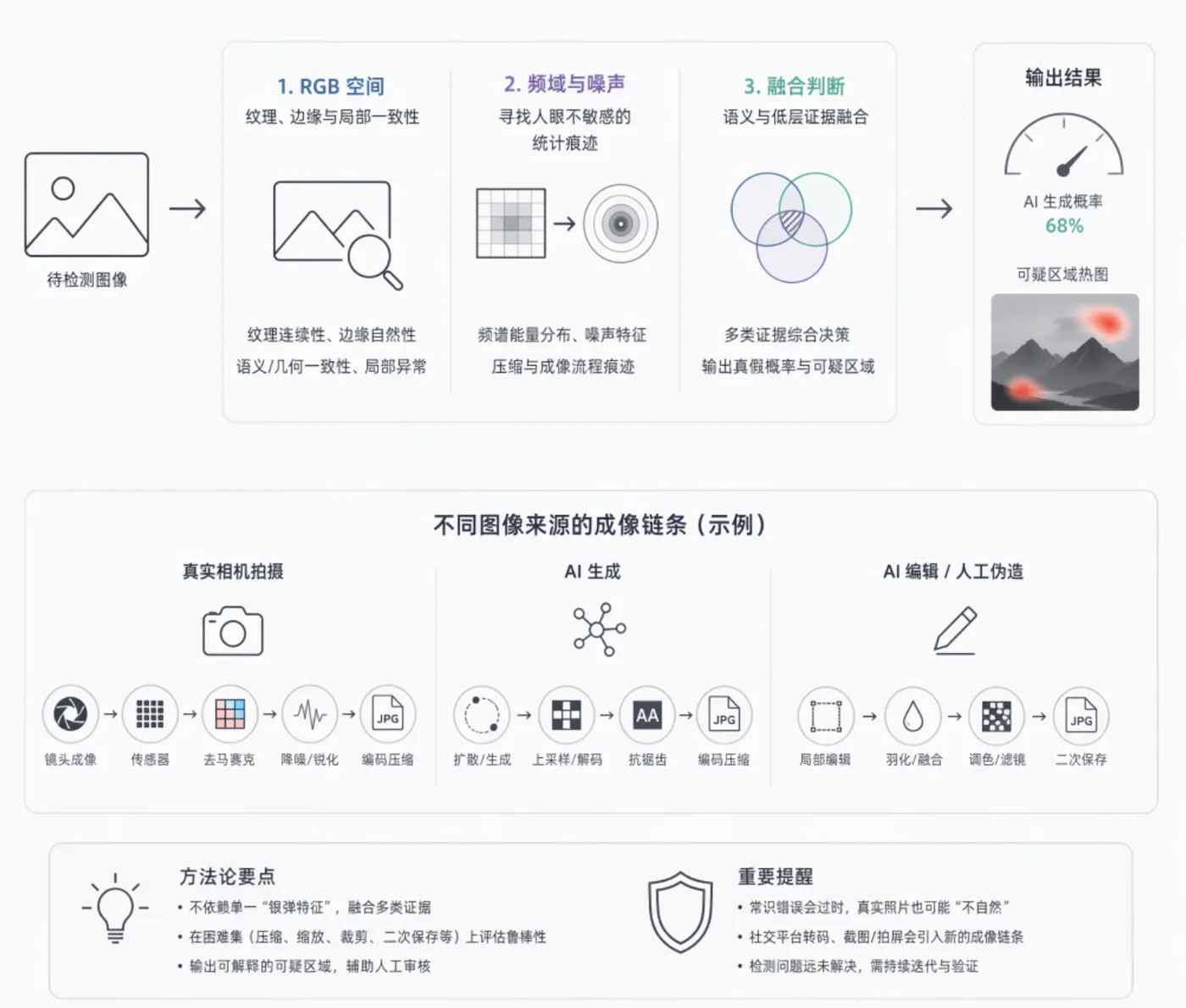 图像鉴伪:RGB空间与频域特征融合示意图