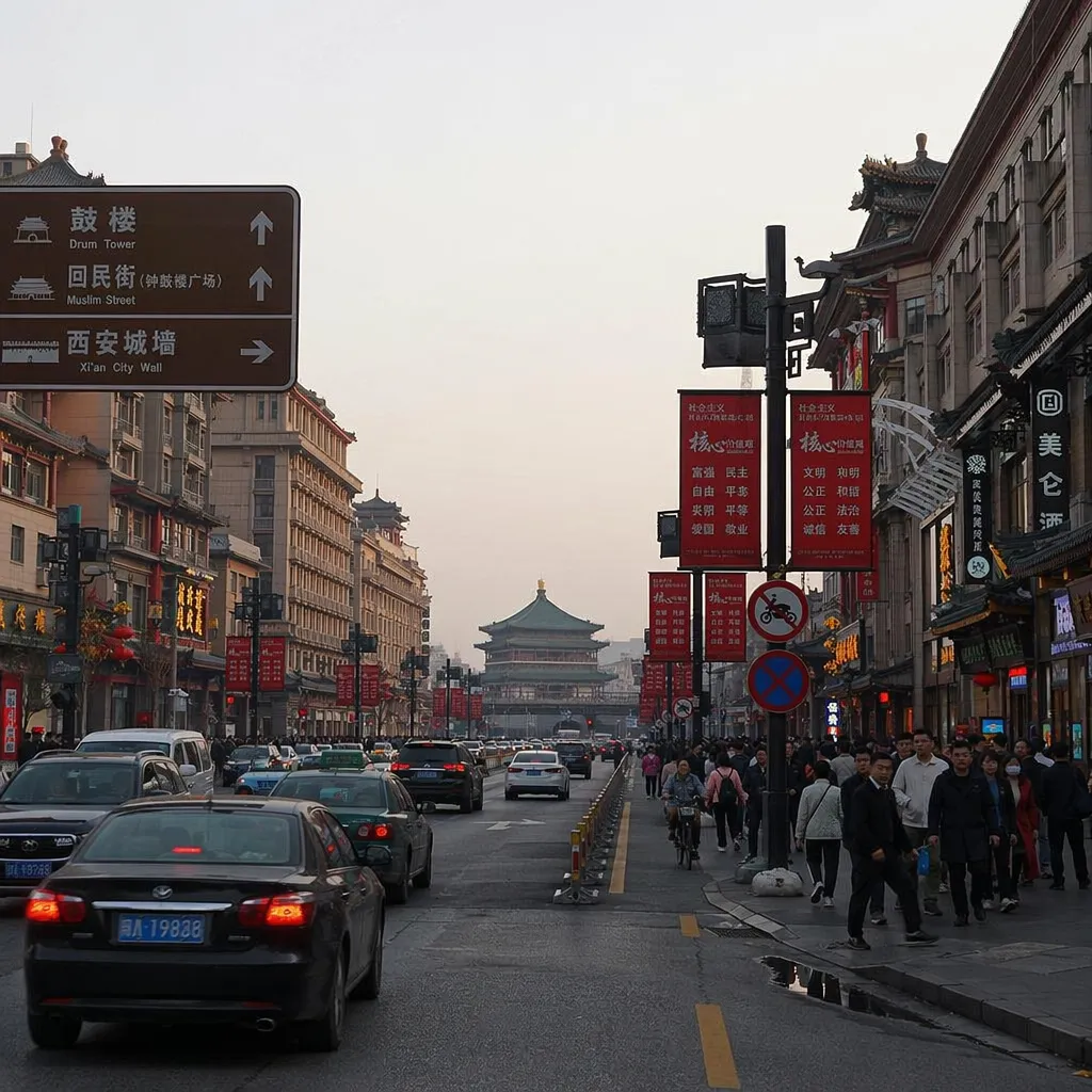 图 8:送检的 AI 西安街景。画面整体具备旅行摄影的语义外观,仅凭缩略图不容易稳定判断来源。