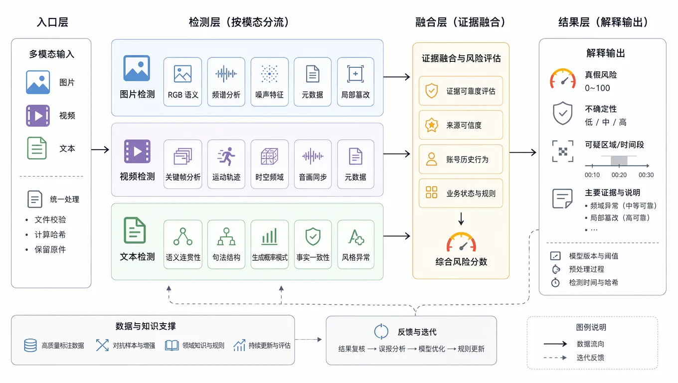跨模态鉴伪系统架构:专用检测、证据融合与解释输出