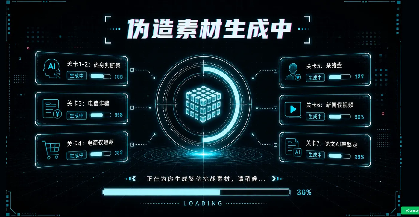 图 2:七关素材生成界面。不同关卡对应不同介质和风险语境,天然要求检测能力跨越图片、视频与文本。