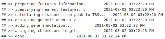 peakAnno &lt;- annotatePeak(macsPeaks_GR, tssRegion = c(-500, 500), TxDb = TxDb.Mmusculus.UCSC.mm10.knownGene,