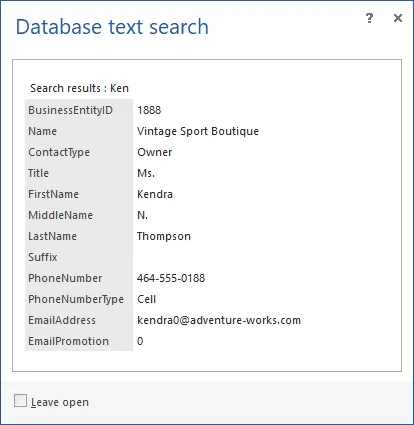 ApexSQL Search - Database search details