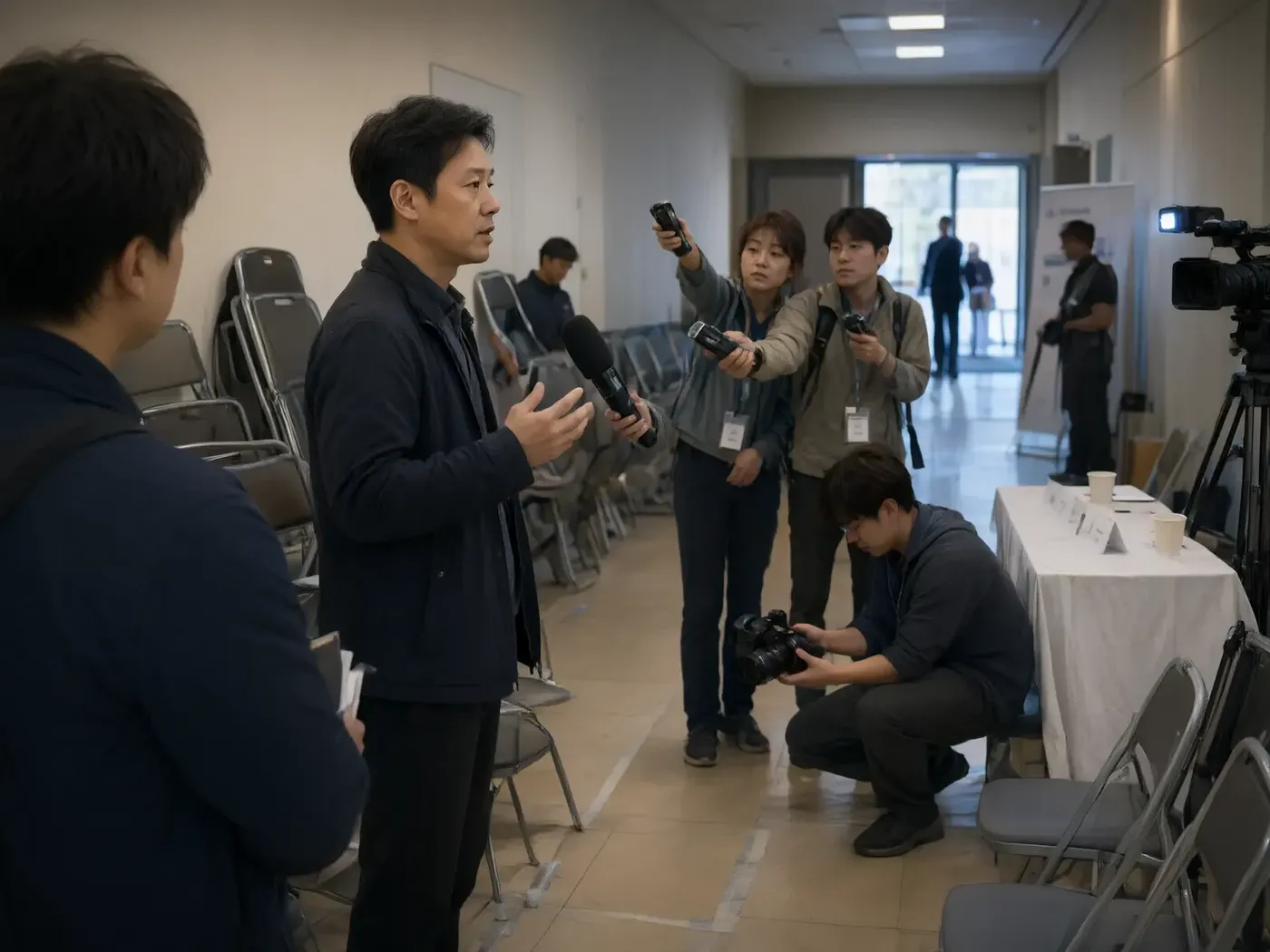 会议厅侧厅里的采访现场，记者举着录音笔与话筒