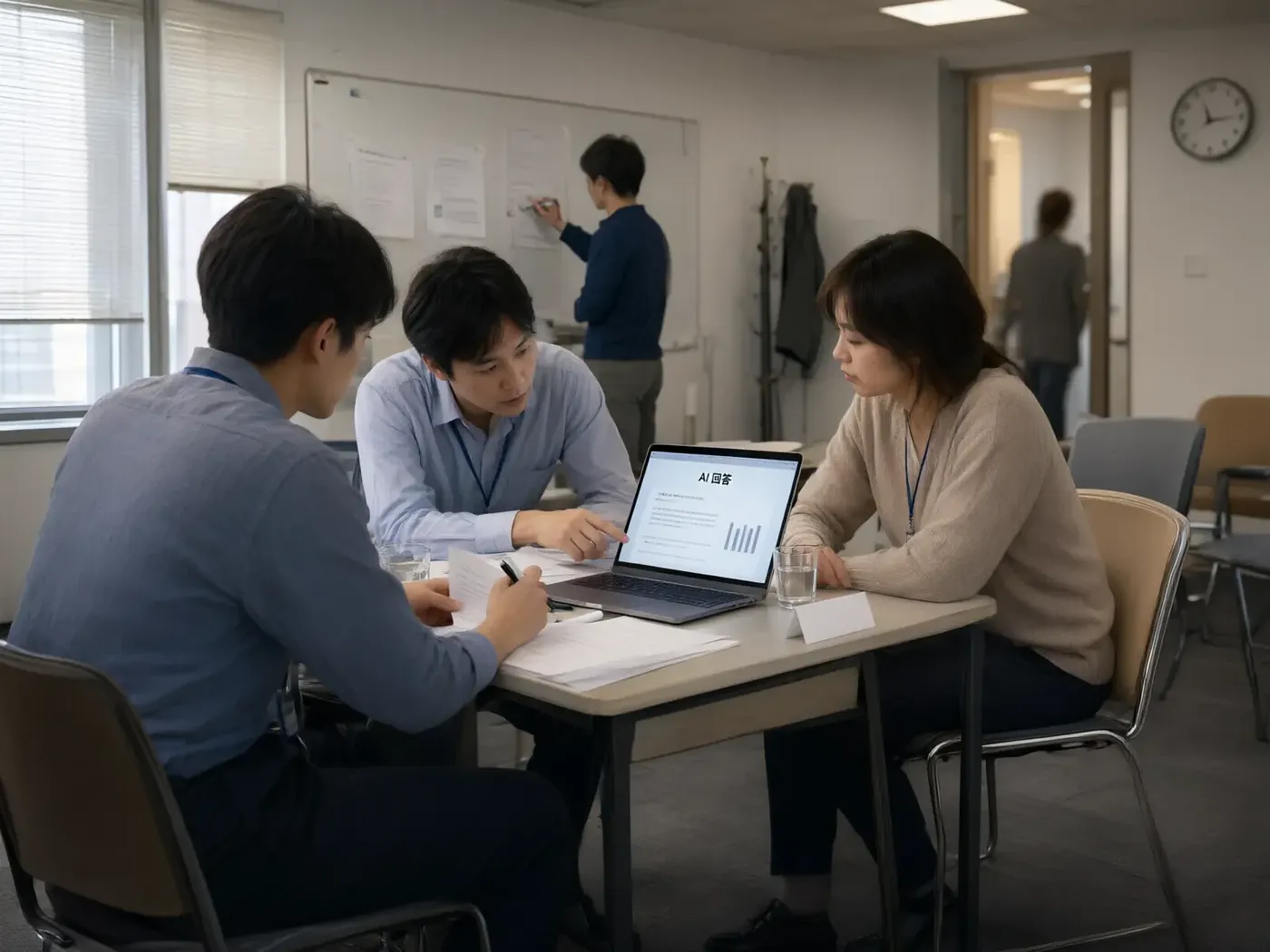会议室内几位同事围看同一份AI回答