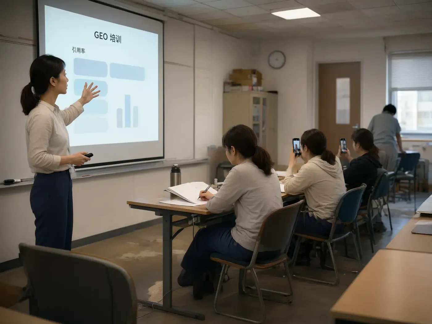 企业内部培训室里，讲师在投影前讲解GEO框架