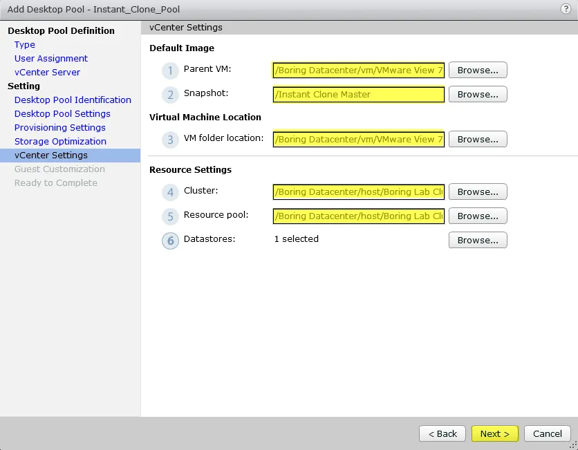 12 View Instant Clone - vCenter Settings