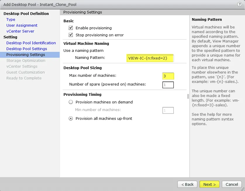 9 View Instant Clone - Provisioning Settings