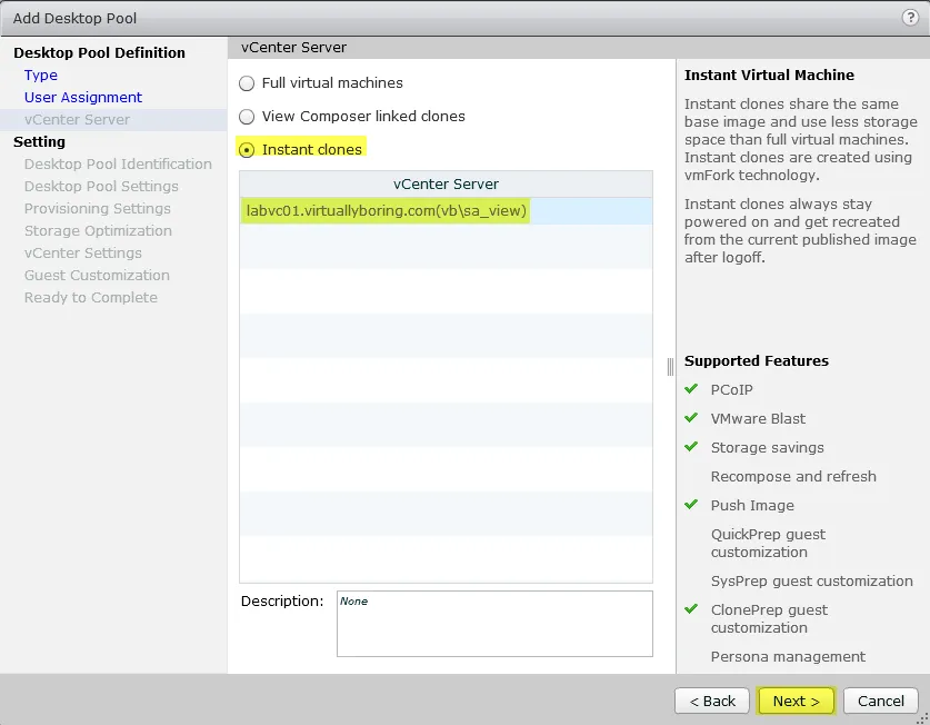 6 View Instant Clone - vCener Server