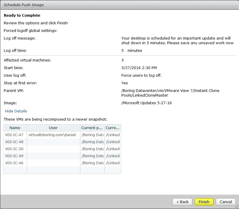 27 View Instant Clone - Schedule Push Image Confirm