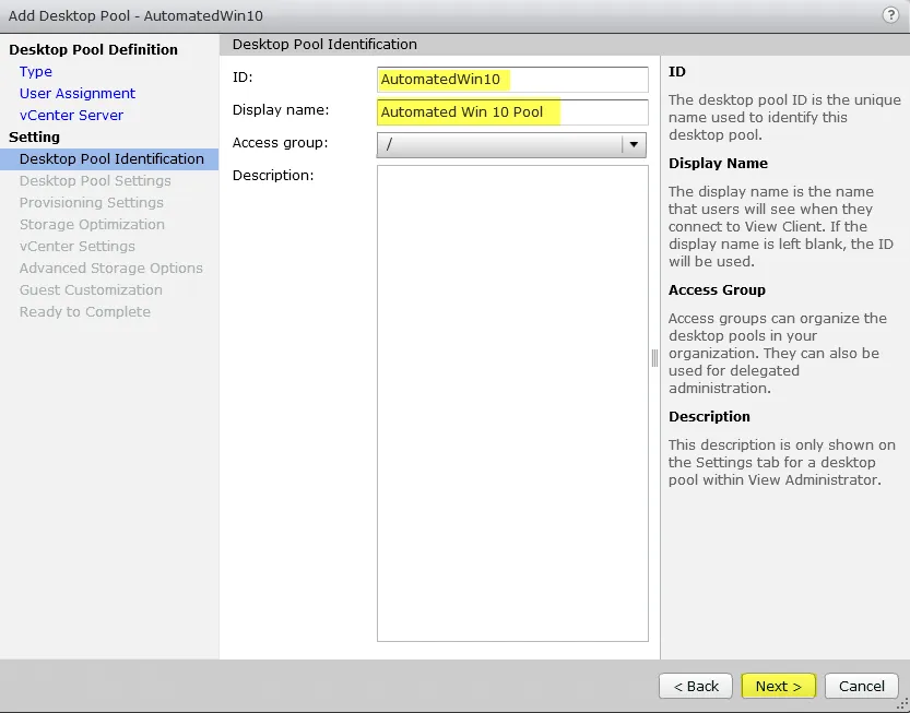 Horizon View 7 - 5 Desktop Pool Identification