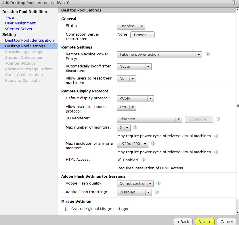 Horizon View 7 - 6 Desktop Pool Settings