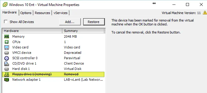 Horizon View 7 - Remove Floppy