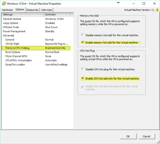 Horizon View 7 - Enable Memory and CPU Hot Add