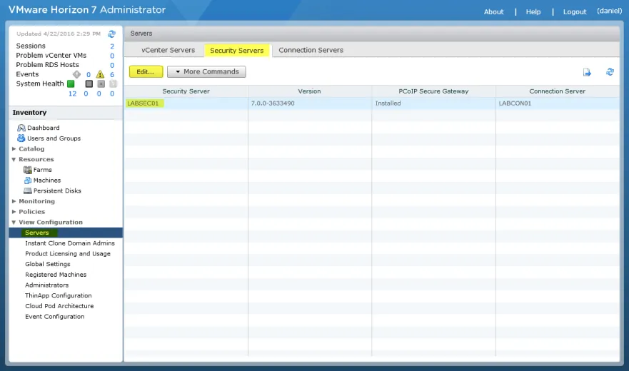 Horizon View 7 - 1 Edit Security Server