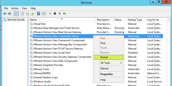 Add SSL Cert fo View - 9 Restart Connection Server Service