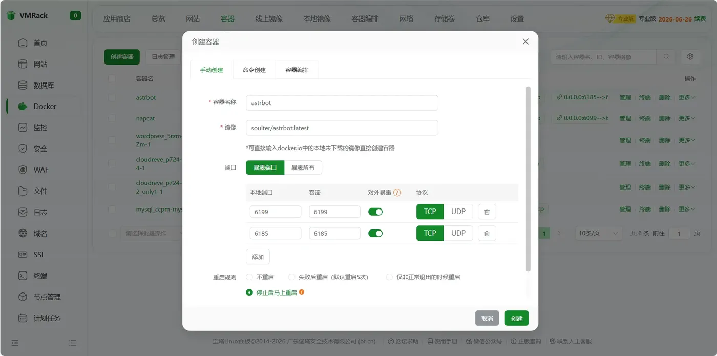 AstrBot 容器创建