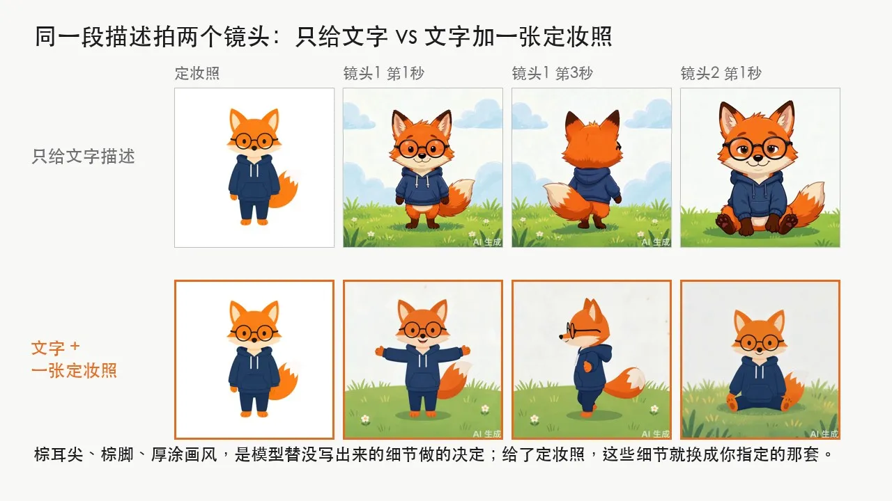 同一段描述拍两个镜头：只给文字与文字加一张定妆照的跨镜头对照