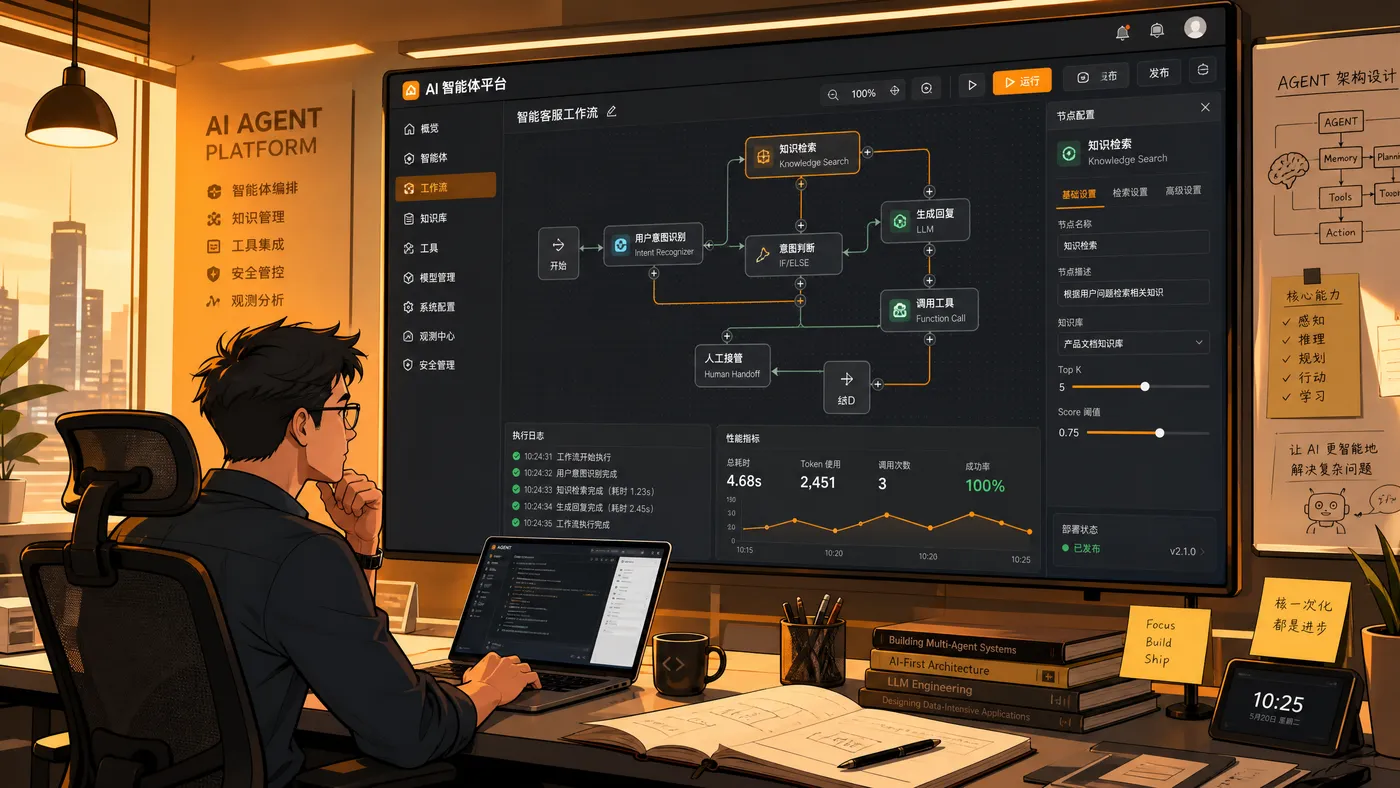 软件架构师在现代化办公室分析 AI 智能体平台架构，大屏幕显示工作流可视化编排界面，温暖的橙黄色调，专业漫画风格，科技感十足，16:9 宽屏构图
