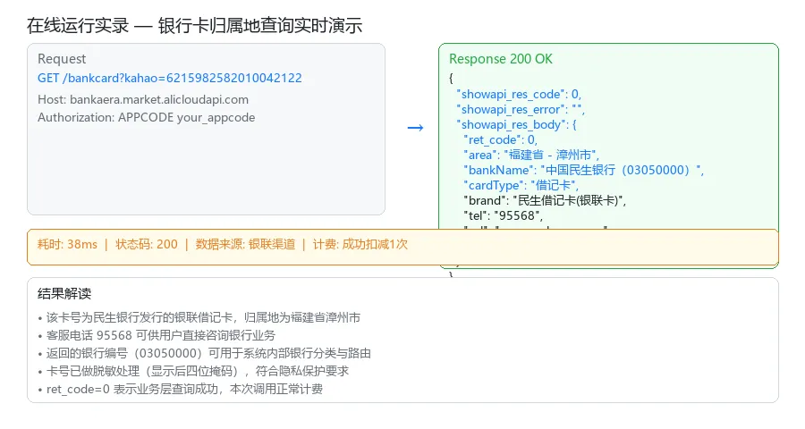 在线运行实录：银行卡归属地查询实时演示