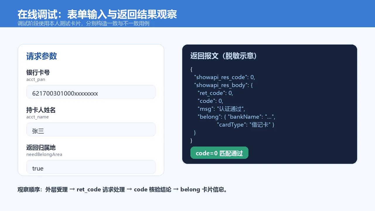 在线调试面板与返回结果示意