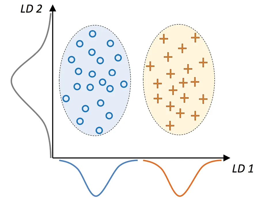 图5.8：用于二类问题的LDA的概念