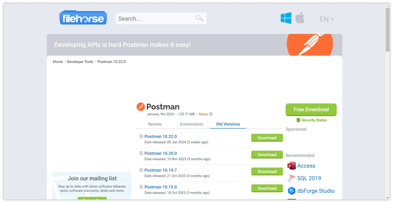 Windows Postman 历史版本下载页面
