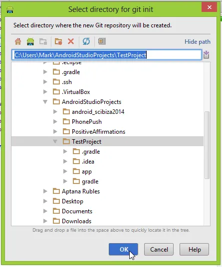 Android Studio "Select directory for git init" screen