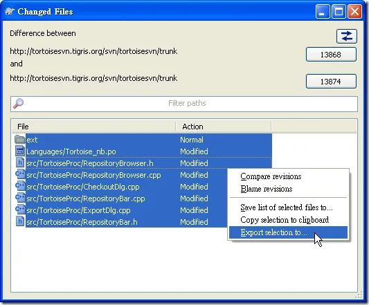 TortoiseSVN - Log Messages - Compare revisions - Changed Files