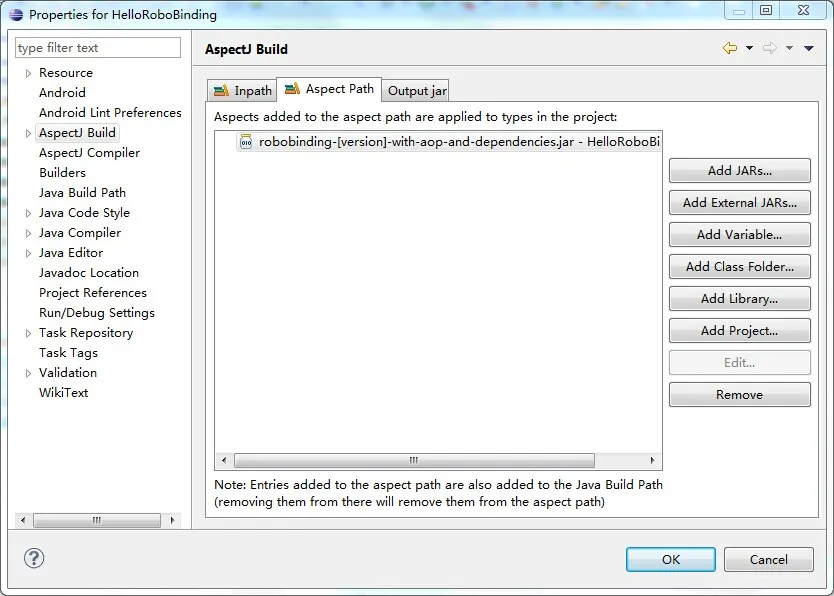 Figure 2. AspectJ settings(An example using robobinding-[version]-with-aop-and-dependencies.jar)