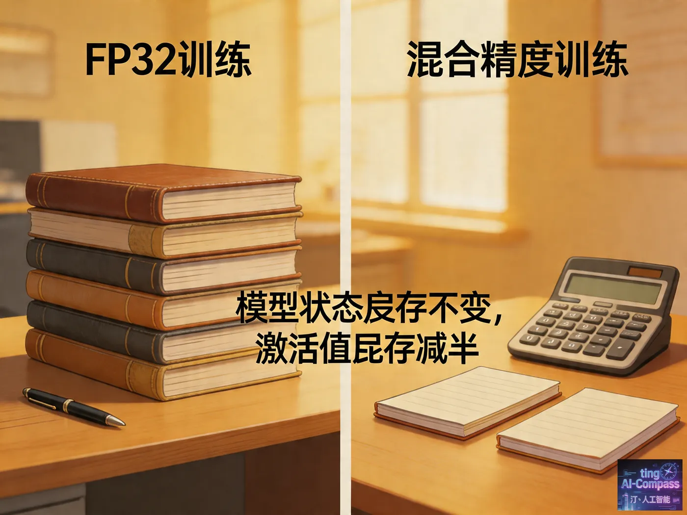 FP32与混合精度训练类比示意图