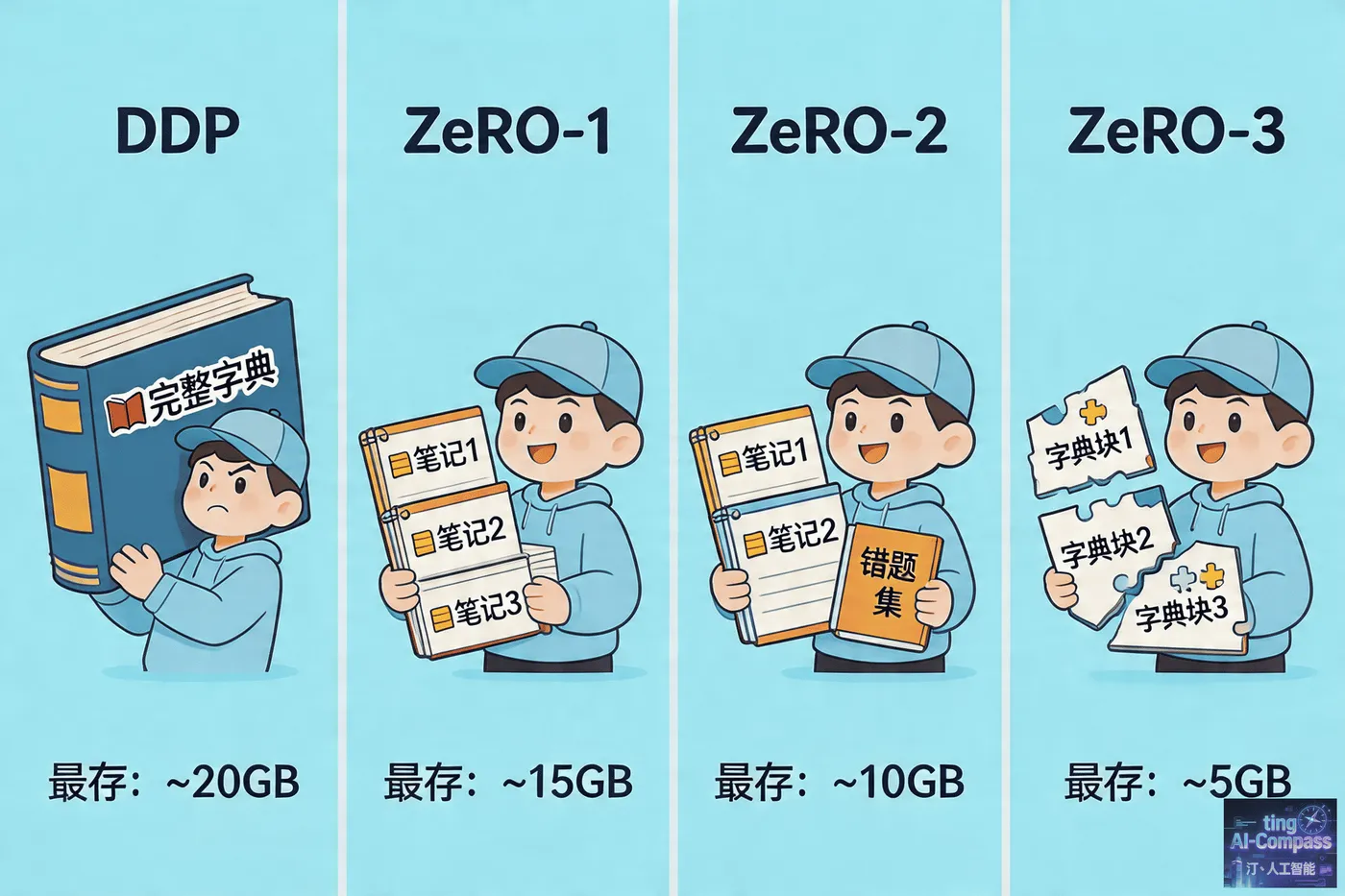 ZeRO三个层次显存优化类比示意图