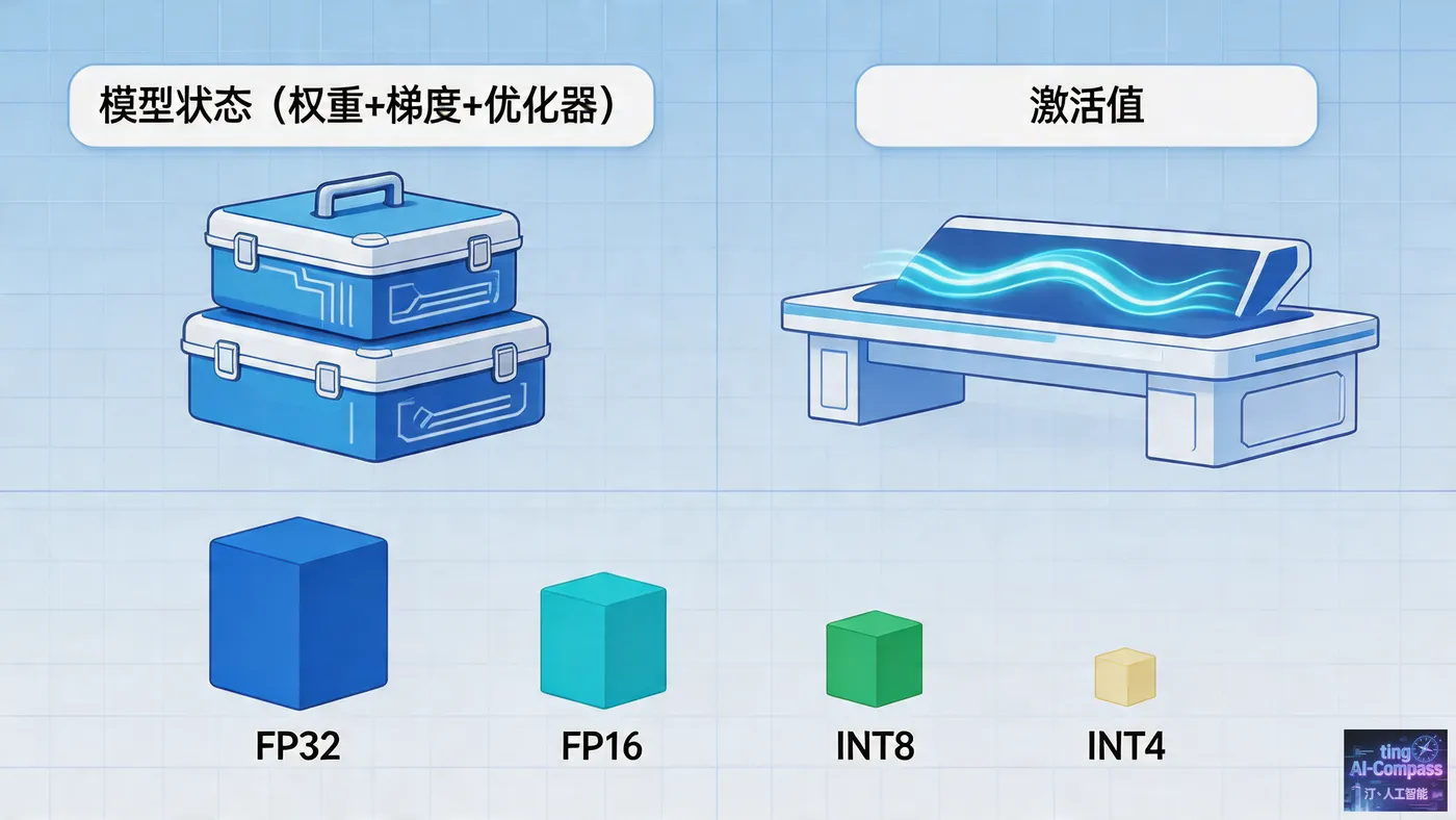 显存组成与量化精度对比示意图