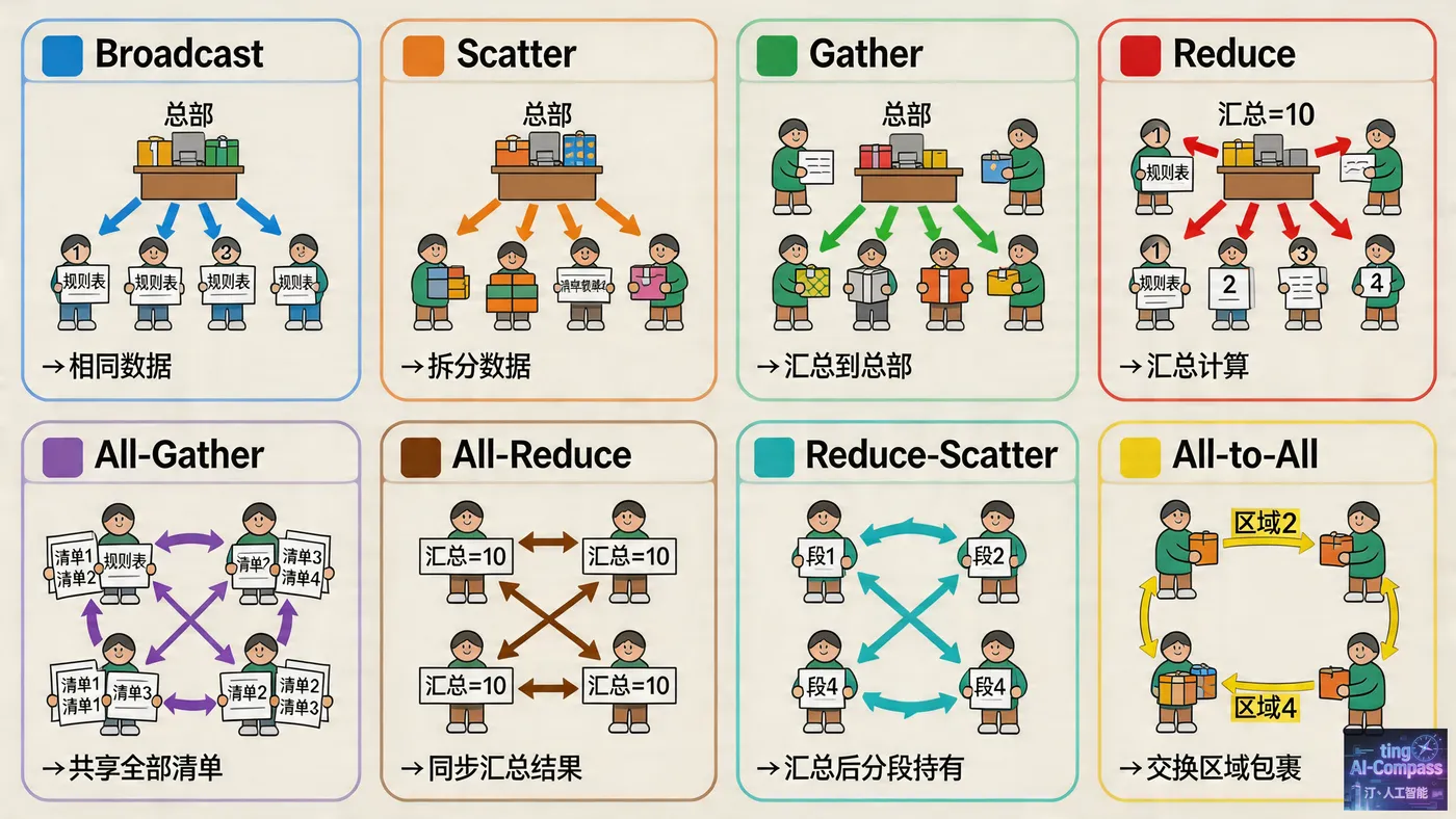 八大集合通信原语快递分拣类比示意图