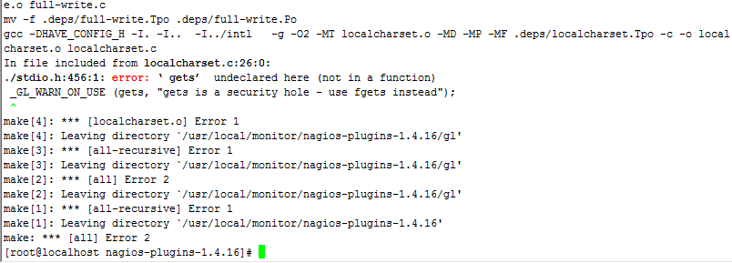 nagios报错：./stdio.h:456:1: error: 'gets' undeclared here (not in a function)