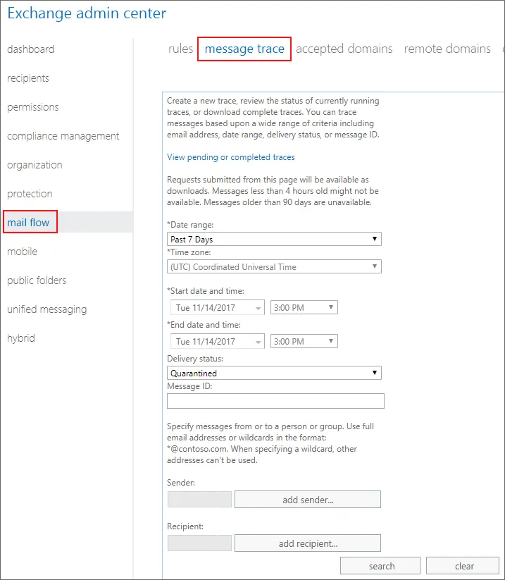 Office 365 EAC消息跟踪启动