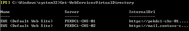 计算机生成了可选文字:
C : Windows ys tem32 t —WebSeru ices U irtua ID ire c top y 
ame 
WS 
PEKDCI -CHS-OI 
WS 
PEKDCI -CHS -02 
Server 
(Default 
(Default 
Web 
Web 
Site) 
Site) 
InternalUrI 
https://pekdcl—chs—?l . 
https://mail.contoso—c..