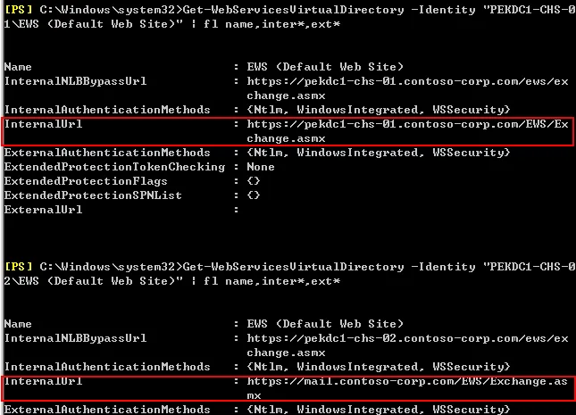 计算机生成了可选文字:
[PSI 
NEWS (Default Web Site)" : 
ame 
InternalNLBBypassUrI 
—Identity 
"PEKDC1-CHS-? 
FI name. 
. BWS (Default Web Site) 
InternalRuthenticationMethods 
InternalUrI 
xternaIRuthenticationMethods 
ExtendedProtect ion Token Checking 
ExtendedProtectionFIags 
ExtendedProtectionSPNList 
xternaIUrI 
[PSI 
. https://pekdcl—chs—?l.contoso—corp.com/ews/ex 
change . asmx 
. {Nt 1m. Windows Integrated. WSSecurity} 
. https : 
change . asmx 
. {Nt 1m. Windows Integrated. WSSecurity} 
. None 
—Identity 
"PEKDC1-CHS-? 
NEWS (Default Web Site)" : 
ame 
InternalNLBBypassUrI 
FI name. 
. BWS (Default Web Site) 
. https://pekdcl—chs—m.contoso—corp.com/ews/ex 
change . asmx 
InternalRuthenticationMethods 
xternaIRuthenticationMethods 
Windows Integrated. 
WSSecurity} 
mal . con oso—corp.com 
Windows Integrated. 
WSSecurity} 
ange
