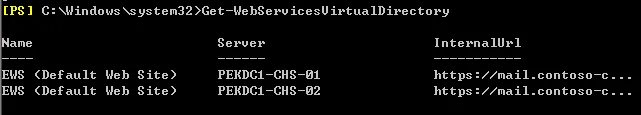 计算机生成了可选文字:
C : Windows ys tem32 t —WebSeru ices U irtua ID ire c top y 
ame 
WS 
PEKDCI -CHS-OI 
WS 
PEKDCI -CHS -02 
Server 
(Default 
(Default 
Web 
Web 
Site) 
Site) 
InternalUrI 
https://mail.contoso—c... 
https://mail.contoso—c..