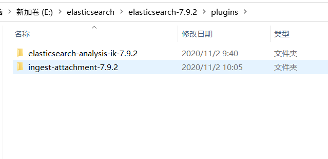 ik分词器解压到es的plugins目录下,这边我还安装了一个 ingest-attachment 用来存放pdf,word 等文件,想了解的大家可以去看下官方文档  ,原理就是将文件内容转为base64进行存储  ,这个插件会将base64再转成文字 ,(表面是文字 , 但实际存的还是base64)