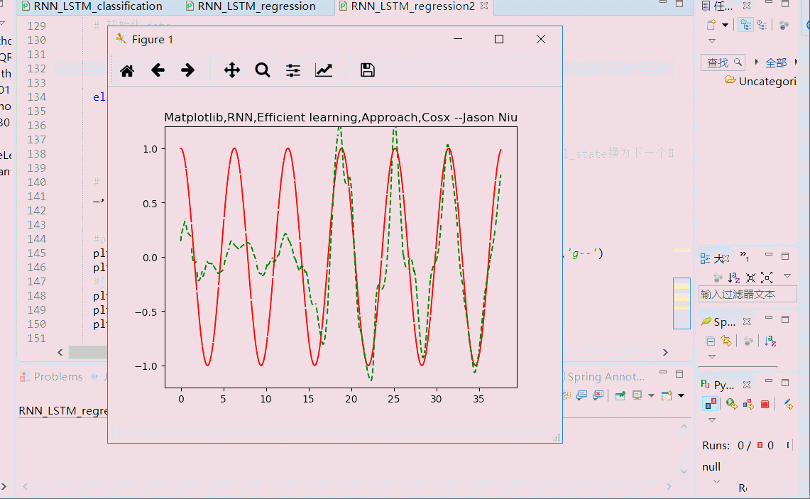 TF之LSTM：利用基于顺序的LSTM回归算法对DIY数据集sin曲线(蓝虚)预测cos(红实)(matplotlib动态演示)—daiding