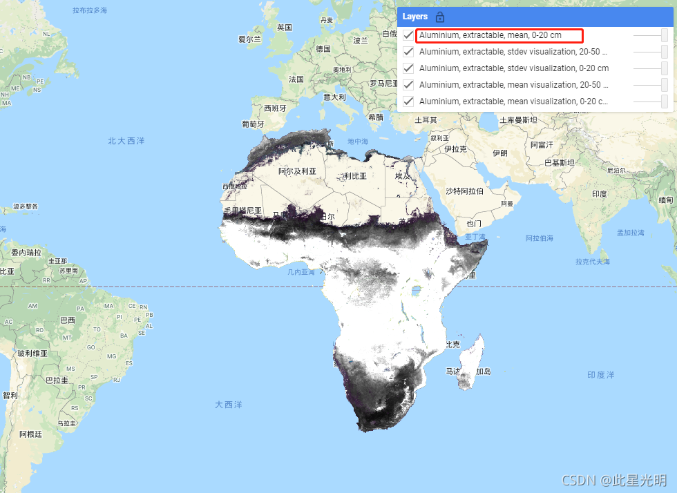 Google Earth Engine ——2001-2017年非洲土壤地表0-20 厘米和 20-50 厘米土壤深度处的可提取铝，预测平均值和标准偏差数据集