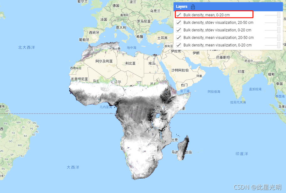 Google Earth Engine ——2001-2017年非洲土壤深度为 0-20 厘米和 20-50 厘米时的体积密度 ＜2 毫米分数，预测平均值和标准偏差数据集