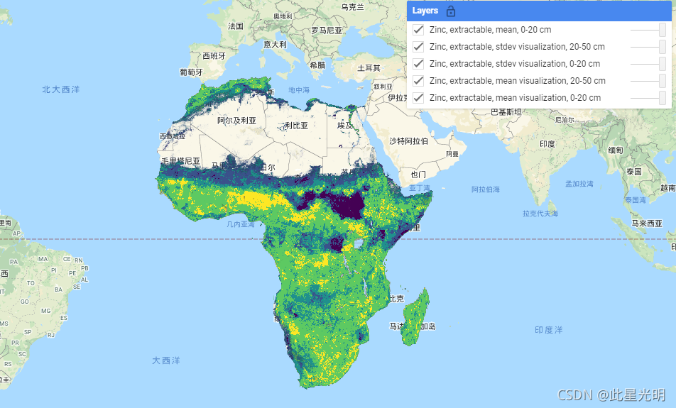 Google Earth Engine ——2001-2017年非洲土壤在土壤深度 0-20 厘米和 20-50 厘米的可提取锌，预测平均值和标准偏差数据