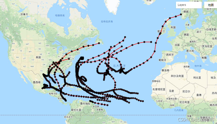 Google Earth Engine——飓风最佳轨迹数据库（HURDAT2）。大西洋盆地1851-2018年。