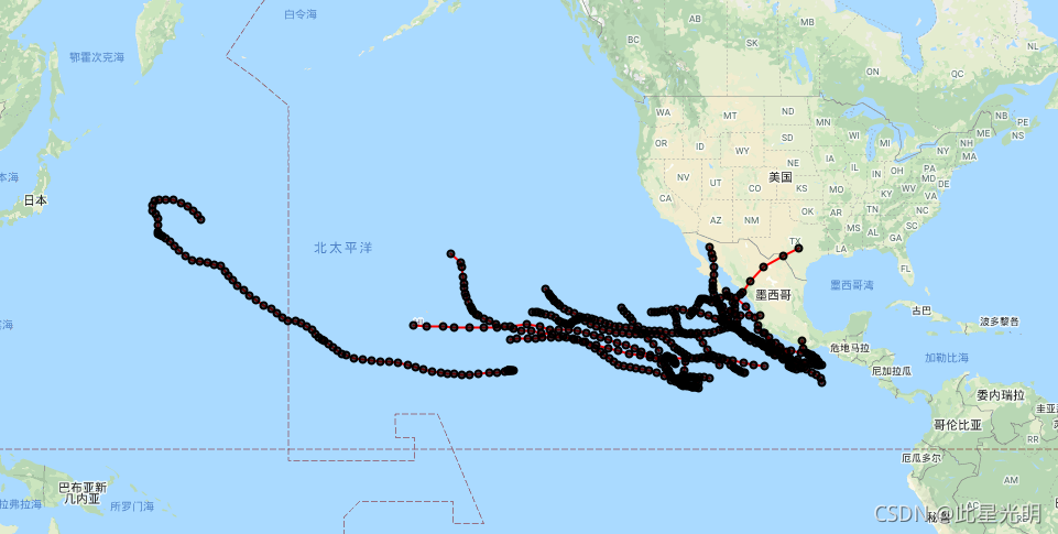 Google Earth Engine——飓风最佳轨迹数据库（HURDAT2）。太平洋盆地1949-2018年。