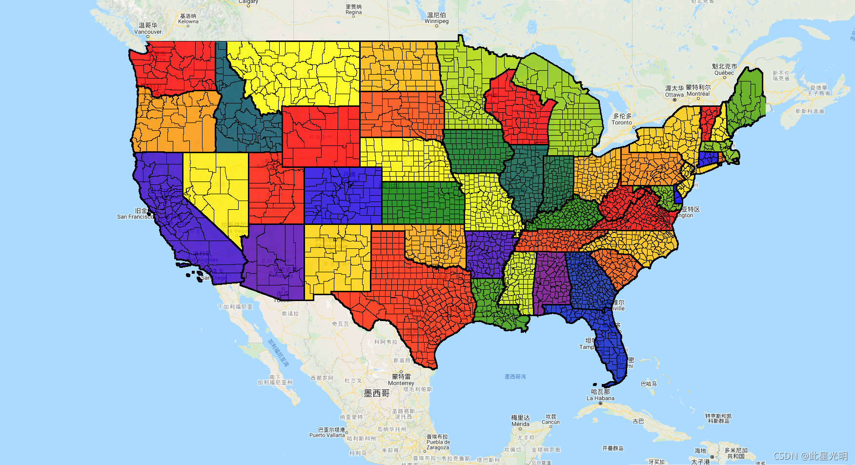 Google Earth Engine——美国人口普查局的TIGER数据集包含美国各州主要法律部门的2016年边界